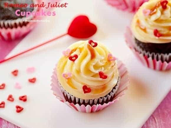 Valentine's day cupcakes on a tray.