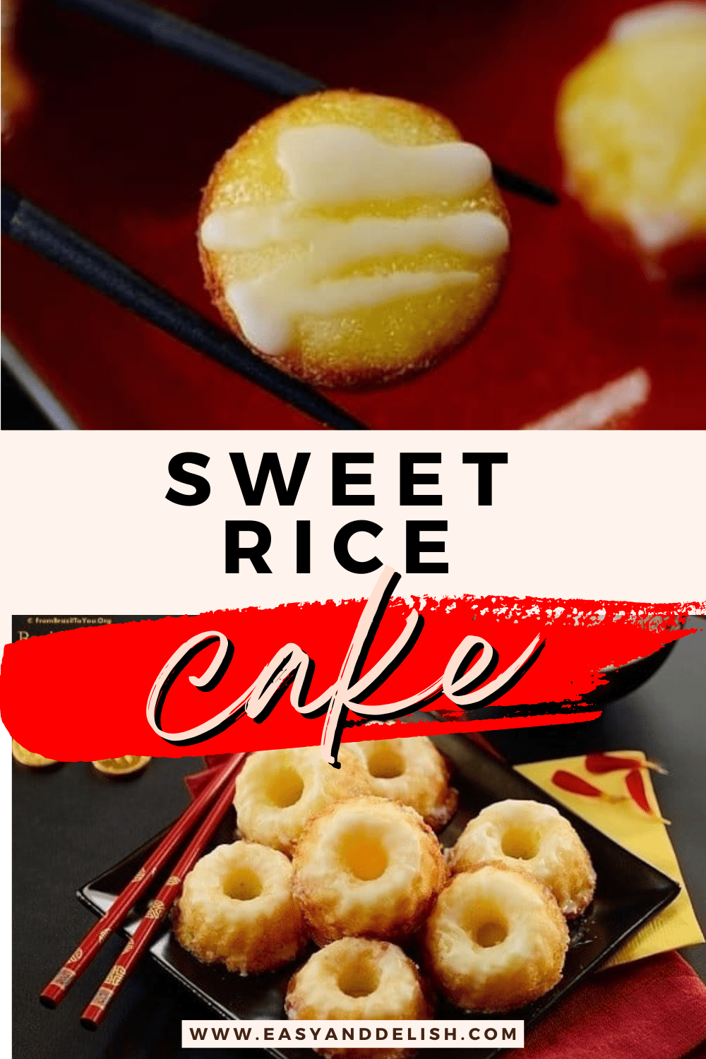 image collage with a sweet rice cake on the top and several in the bottom. 