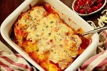 A dish is filled with food