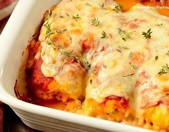 A dish is filled with food