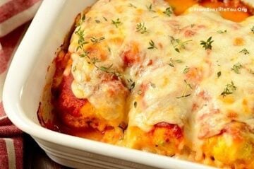 A dish is filled with food