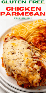 baked chicken parmesan on a plate with pasta