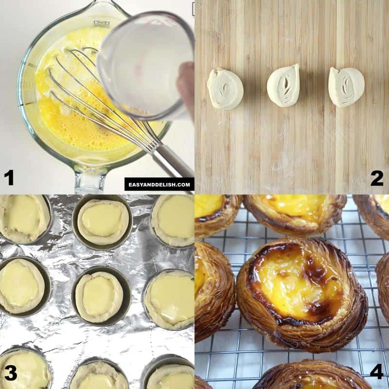 image collage showing how to make pastel de nata in 4 steps