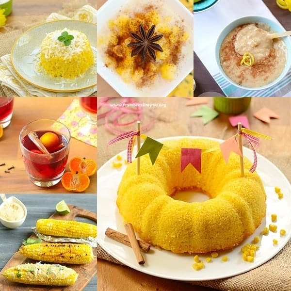 Montage with typical Sao Joao festival foods: Brazilian cornmeal couscous, sweet corn-coconut pudding, rice pudding, spiced cider, corn on the cob, and corn cake.