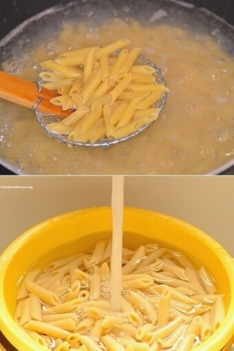 Two photos showing cooked pasta being drained in a sieve and then rinsed with water in a yellow collander
