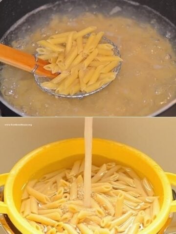 Two photos showing cooked pasta being drained in a sieve and then rinsed with water in a yellow collander