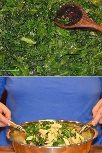 Two photos showing kale cooking in a pan with oil until slightly wilted, and then tossed with cooked pasta and Parmesan cheese in a bowl