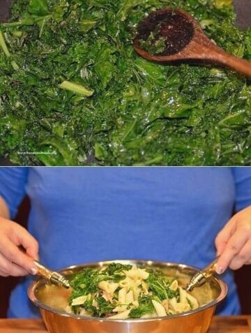 Two photos showing kale cooking in a pan with oil until slightly wilted, and then tossed with cooked pasta and Parmesan cheese in a bowl