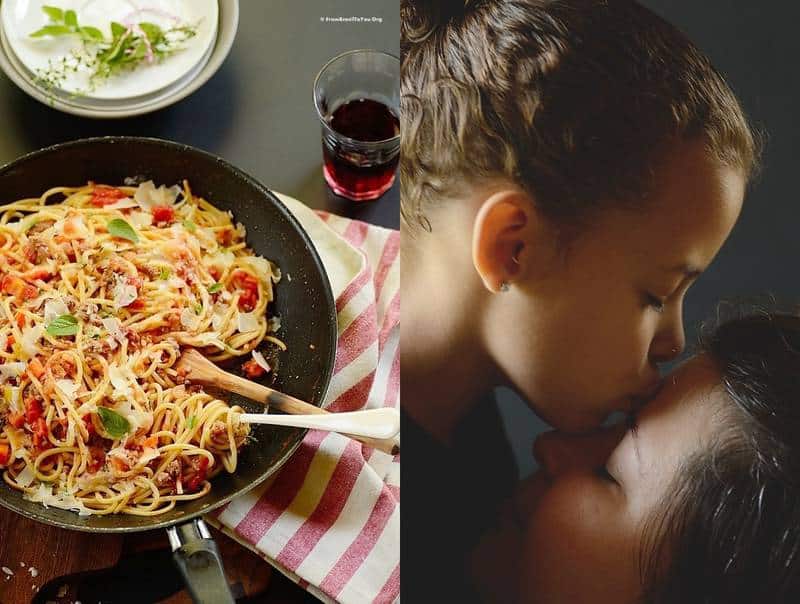image collage showing a child kissing her mom and a pasta skillet with garnishes.