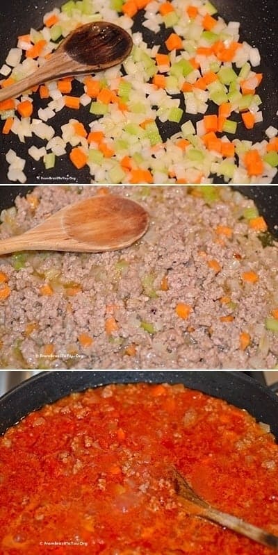 images showing sauteed vegetables which are mixed with browned ground beef then simmered with tomato sauce