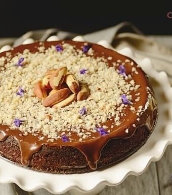 A chocolate cake decorated with Brazil nuts