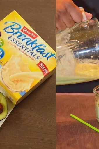 Two photos respectively showing the ingredients for Instant Breakfast Avocado Smoothie and also the smoothie being poured into a glass