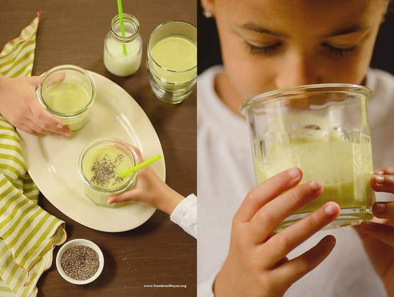 Montage showing a photo with multiple cups of avocado smoothie on a table top and another photo of a girl drinking a smoothie from a glass.