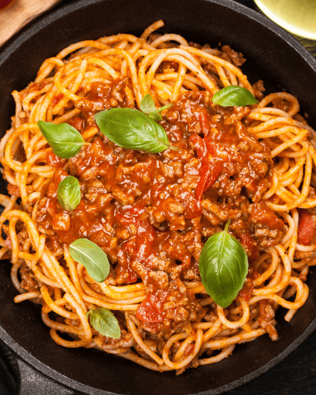 Close up of pasta dish ina skillet.