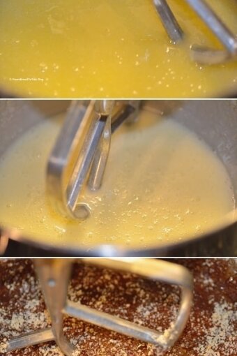three photos showing eggs being beat with sugar and oil and then mixing in cocoa and nut mixture