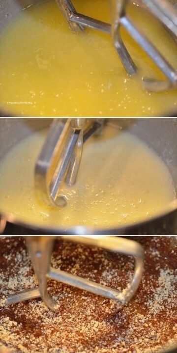 three photos showing eggs being beat with sugar and oil and then mixing in cocoa and nut mixture