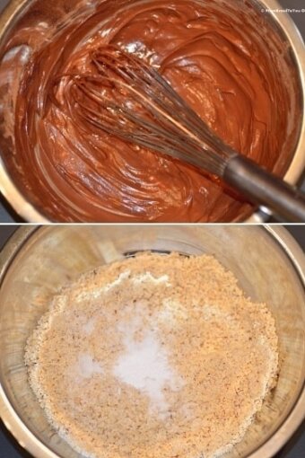 two photos, one showing chocolate being whisked in a bowl and another with dry ingredients combined in a bowl