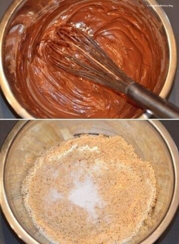 two photos, one showing chocolate being whisked in a bowl and another with dry ingredients combined in a bowl