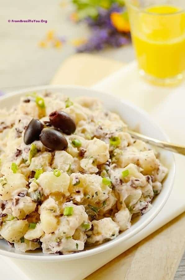 Summer side dish from Brazil garnished with olives