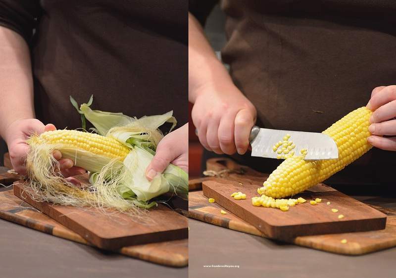 pictures of hands husking corn and then cutting off the kernels with a knife on a board