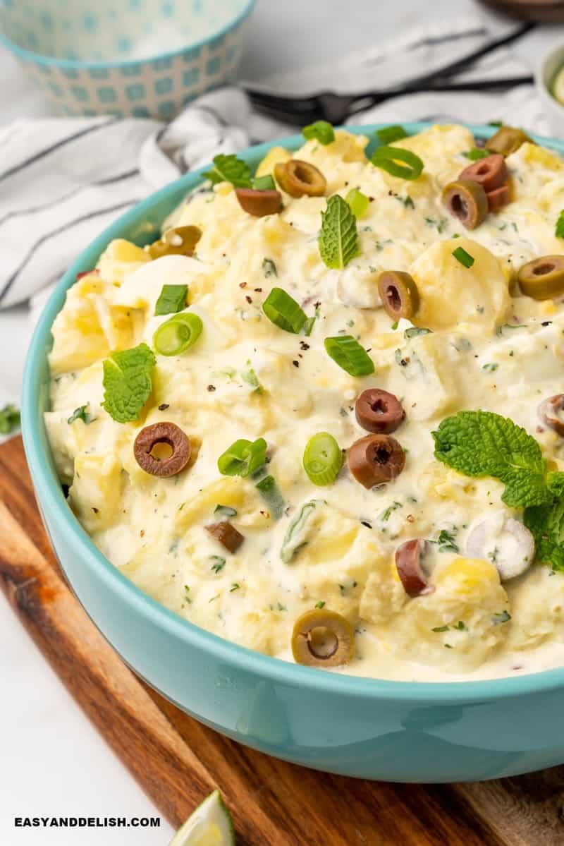 close up of a bowl of Brazilian potato salad 
