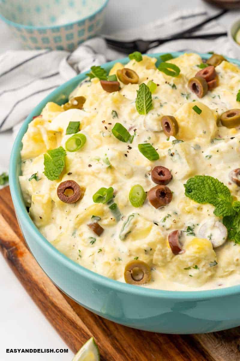 close up of a bowl of Brazilian potato salad 