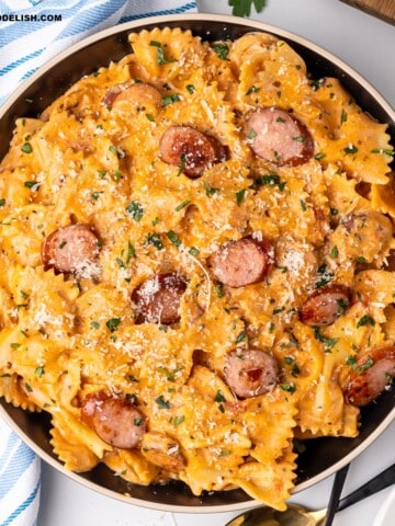 A close up of Creamy Italian Sausage Pasta in a pan.