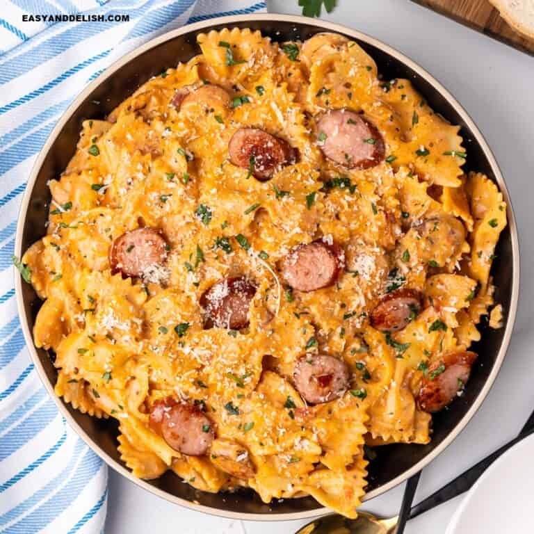 A close up of Creamy Italian Sausage Pasta in a pan.