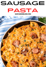 pin with close up of a plate with one pot spicy italian sausage pasta