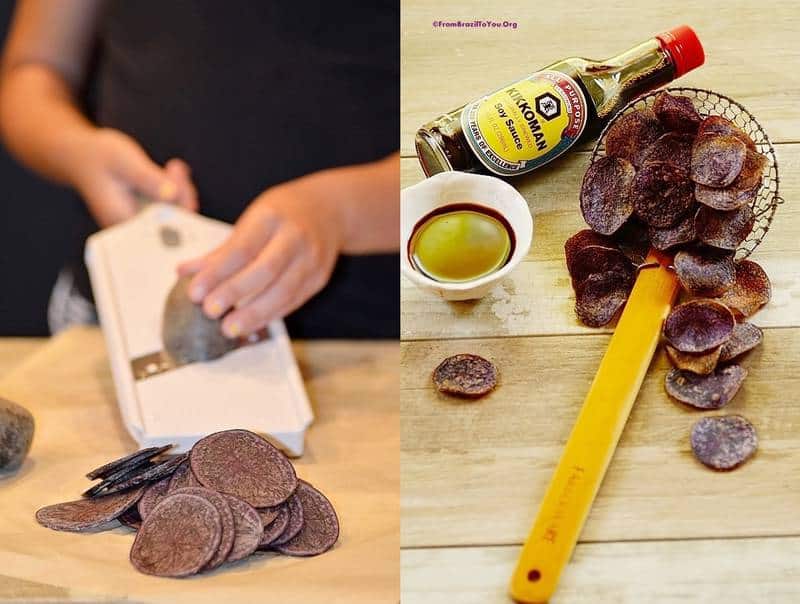 Montage with purple potatoes being sliced and fried potato chips on a wooden table with a bottle of teriyaki sauce