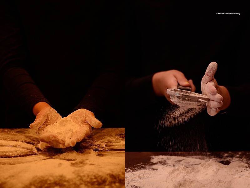 sifting tapioca flour to make cheese rolls