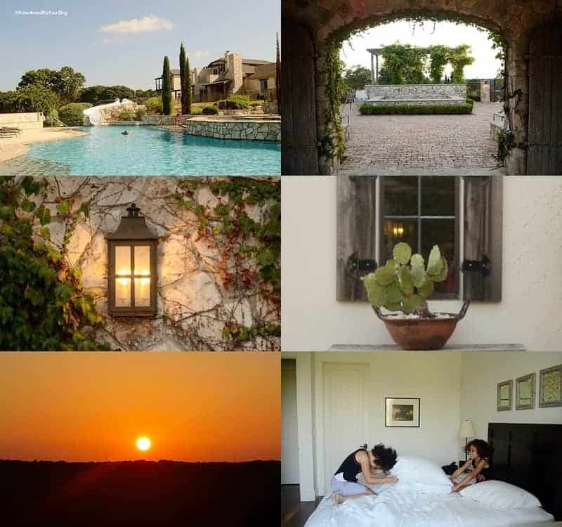 Photo montage of images from the Texas Hill country, including a pool, a veranda, a gas lamp, a cactus in a ceramic pot, an orange sunset, and a pillow fight