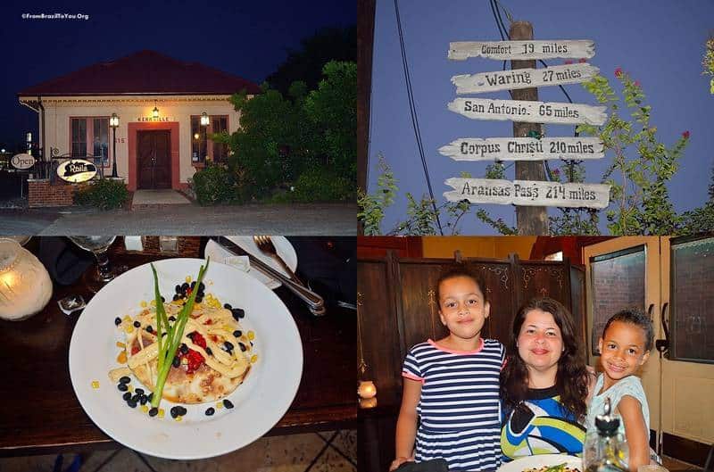 Images from Kerrville, Texas including a restaurant, a distance sign, a plate of food, and a mother and daughter