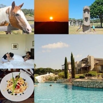 Photo montage of images from the Texas Hill country, including a horse, a sunset, an Easter Island  like stone head, and a resort with an infinity pool.