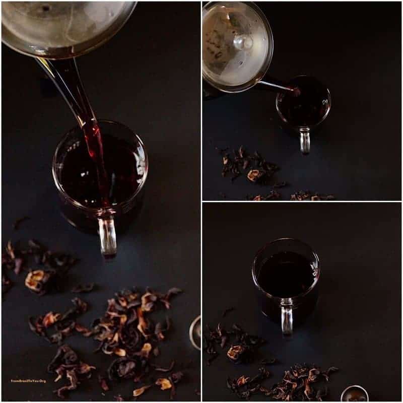 Montage showing hibiscus tea being poured into a glass