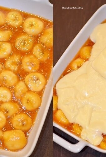 custard cream spread by spatula over bananas in caramel