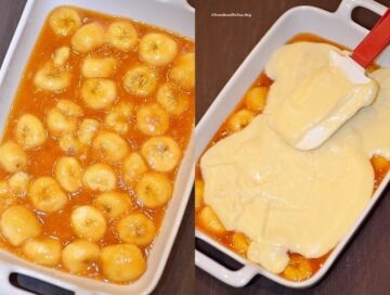 custard cream spread by spatula over bananas in caramel