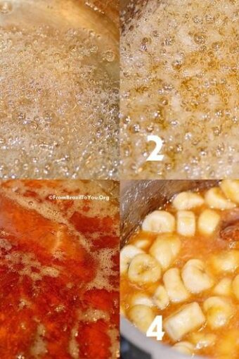 photo montage showing caramel being made from scratch and mixed with bananas