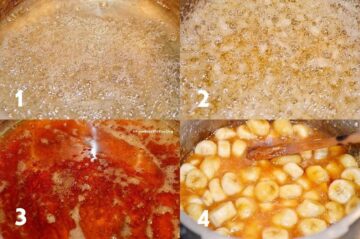 photo montage showing caramel being made from scratch and mixed with bananas