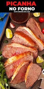 picanha de forno fatiada com verduras e molho