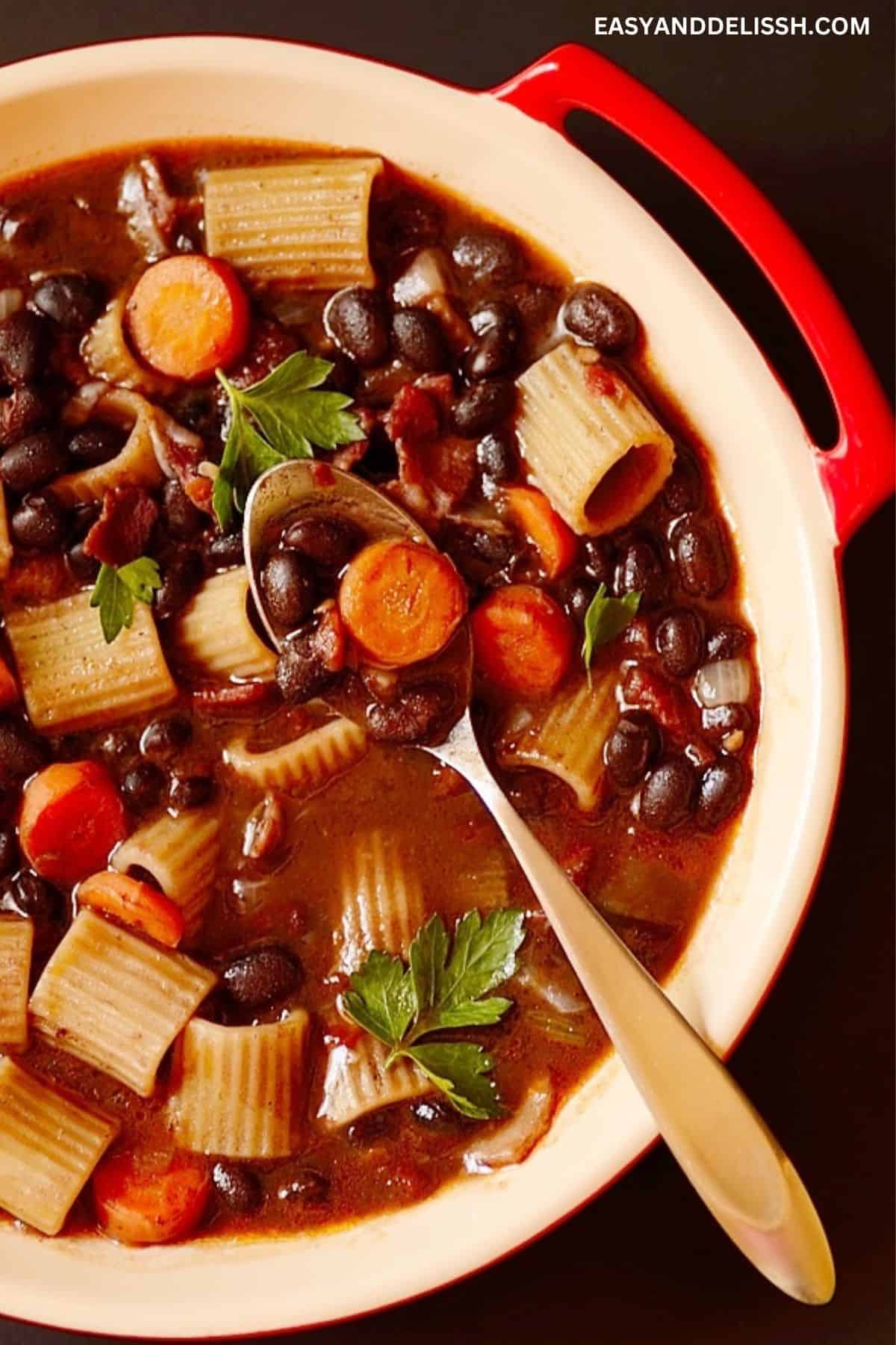 close up of a bowl of Brazilian black bean soup.