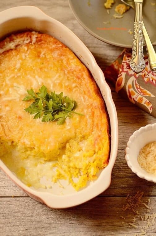 creamy corn gratin served in a baking dish