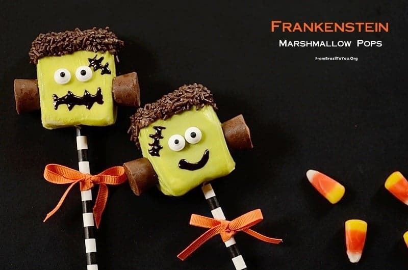 Frankenstein Halloween Pops with candies on the side