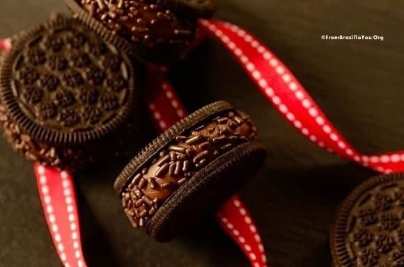 Brigadeiro cookies with a red ribbon