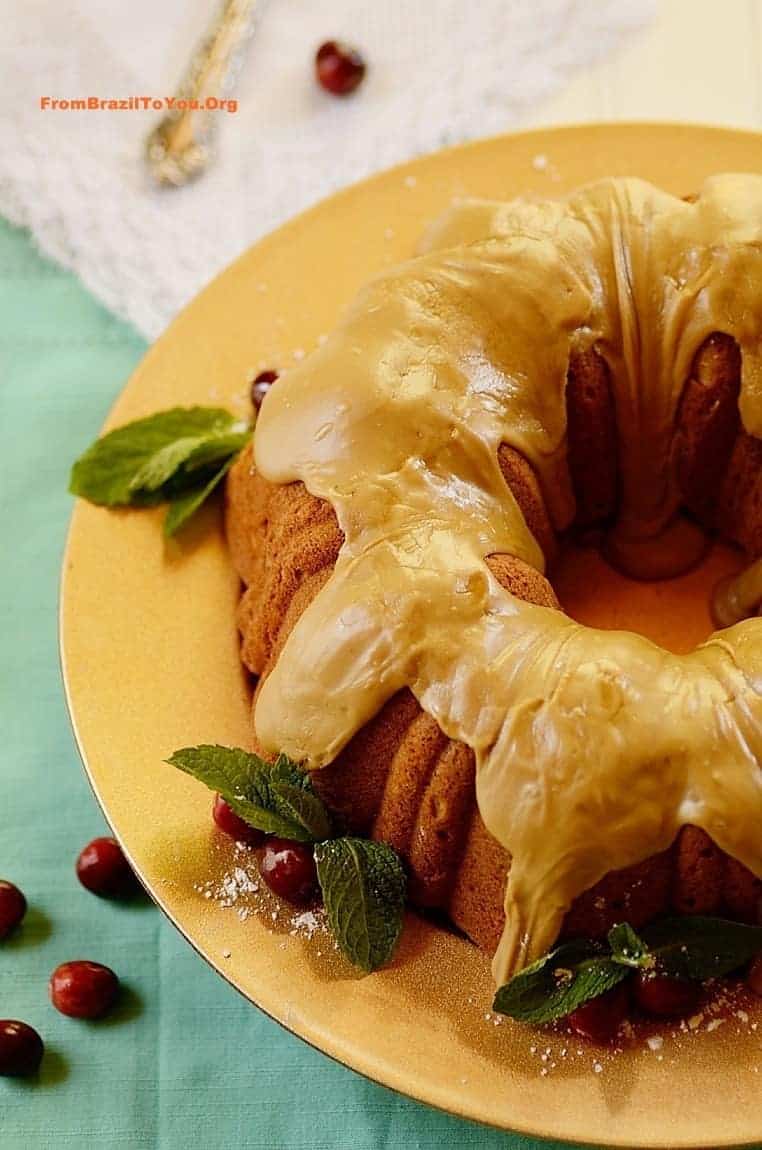 Sweet potato pund cake with caramel frosting in a platter. 