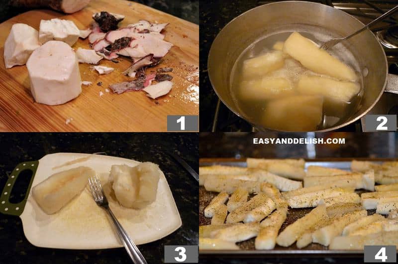 foto colagem mostrando comom fazer mandioca frita em 4 passos