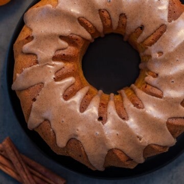 sweet potato pound cake with caramel glaze on top.