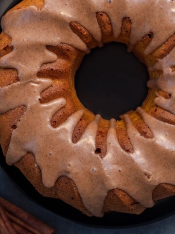 sweet potato pound cake with caramel glaze on top.