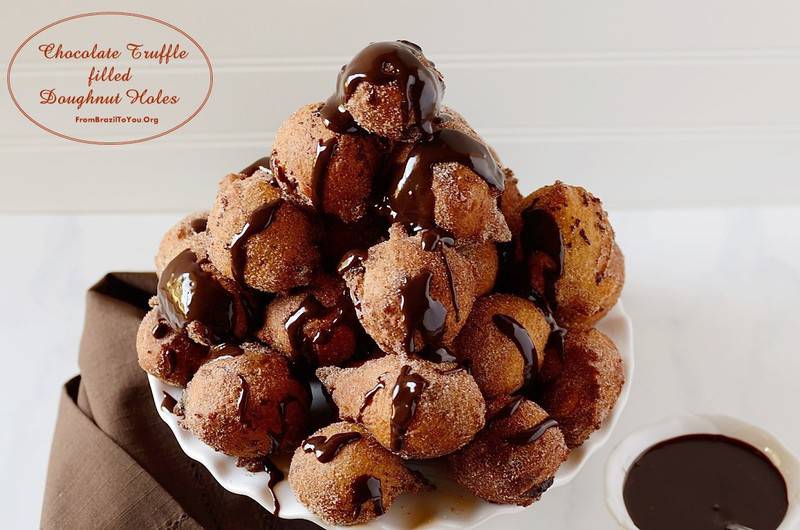 Stack of chocolate Truffle filled Doughnut Holes or Bolinho de Chuva com Chocolate