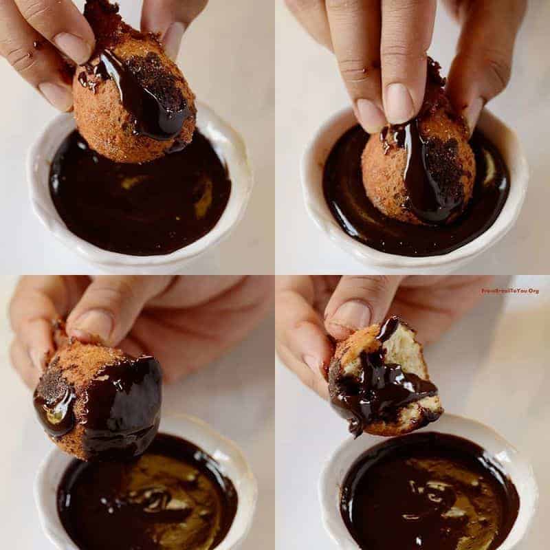 4 imagens mostrando um bolinho sendo mergulhado num ramekin com calda de chocolate